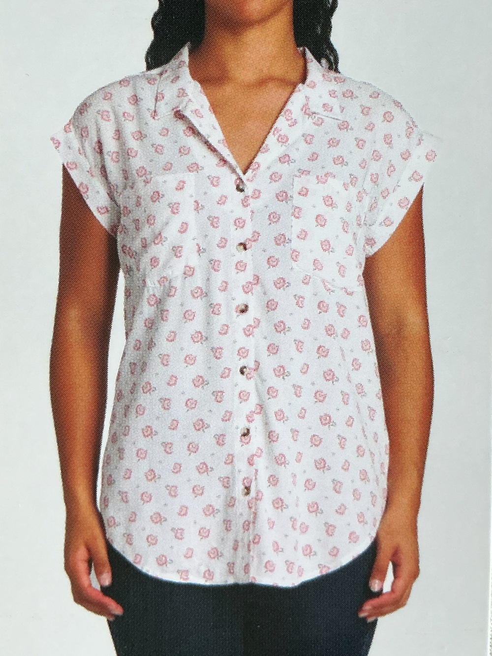 Jachs White Button-Front Top with Pink Floral Print